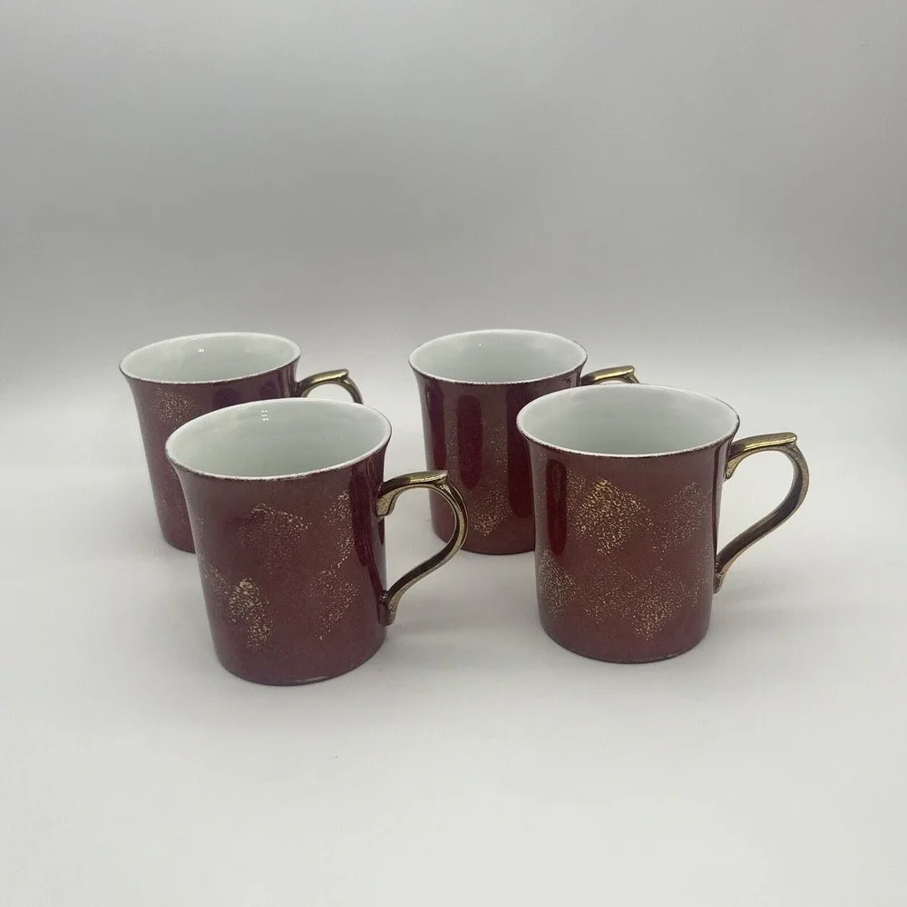 Pottery Barn Hiraki Coffee Mugs Iridescent Japan Lusterware Gold Handle Set of 4